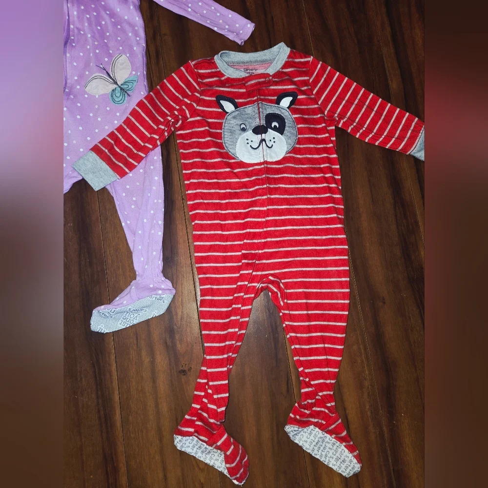 (3) Carter's Red Dog, Blue Floral & Purple Butterfly Footed One-Piece Sleepers